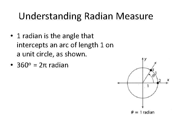 Understanding Radian Measure • 1 radian is the angle that intercepts an arc of
