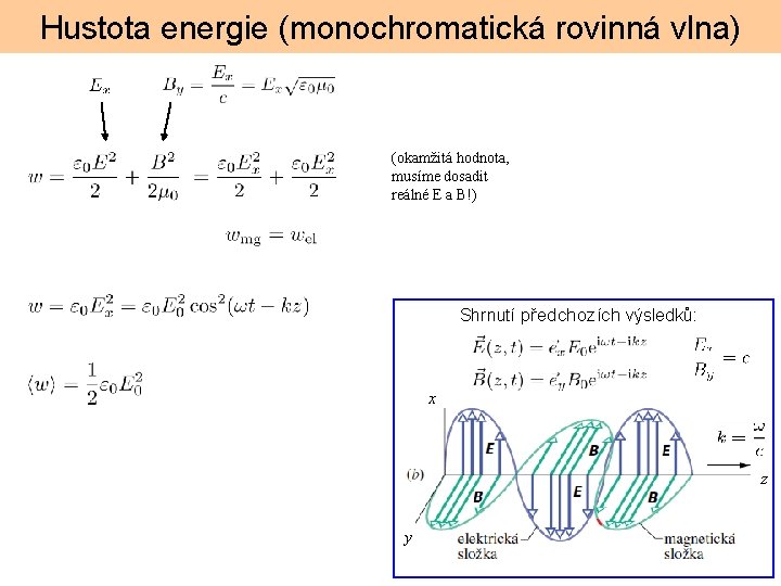 Hustota energie (monochromatická rovinná vlna) (okamžitá hodnota, musíme dosadit reálné E a B!) Shrnutí