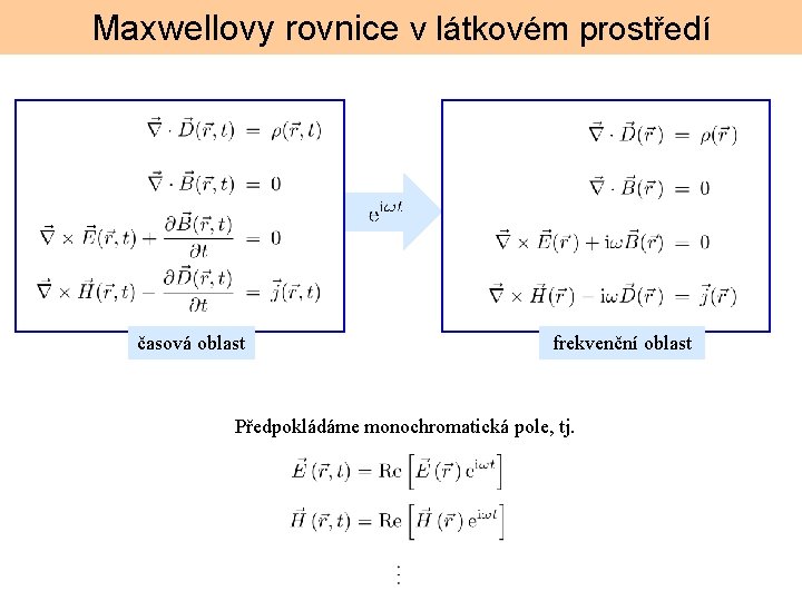 Maxwellovy rovnice v látkovém prostředí časová oblast frekvenční oblast Předpokládáme monochromatická pole, tj. 