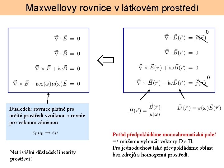 Maxwellovy rovnice v látkovém prostředí 0 0 Důsledek: rovnice platné pro určité prostředí vzniknou