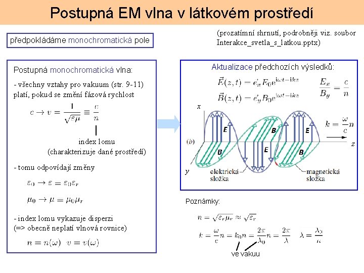 Postupná EM vlna v látkovém prostředí (prozatímní shrnutí, podrobněji viz. soubor Interakce_svetla_s_latkou. pptx) předpokládáme