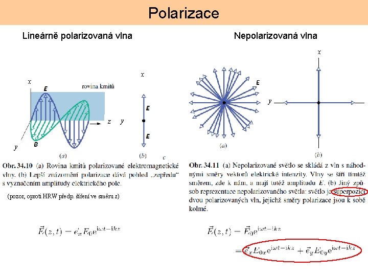 Polarizace Lineárně polarizovaná vlna Nepolarizovaná vlna x x x y z y (pozor, oproti