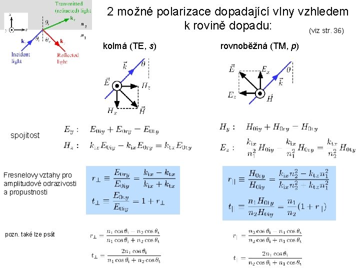 2 možné polarizace dopadající vlny vzhledem k rovině dopadu: (viz str. 36) kolmá (TE,