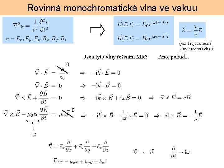 Rovinná monochromatická vlna ve vakuu (viz Trojrozměrné vlny: rovinná vlna) Jsou tyto vlny řešením