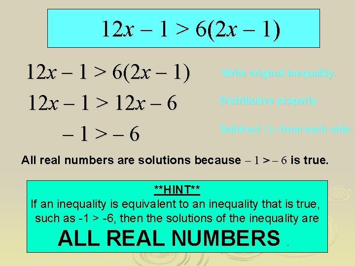 12 x – 1 > 6(2 x – 1) 12 x – 1 >