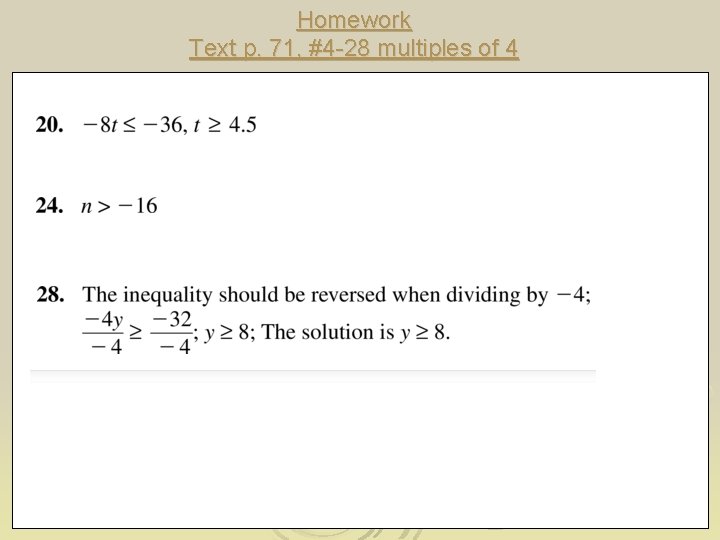 Homework Text p. 71, #4 -28 multiples of 4 