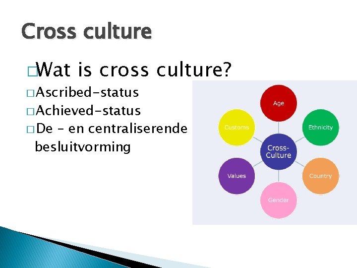 Cross culture �Wat is cross culture? � Ascribed-status � Achieved-status � De – en