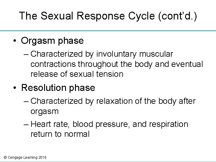 The Sexual Response Cycle (cont’d. ) • Orgasm phase – Characterized by involuntary muscular