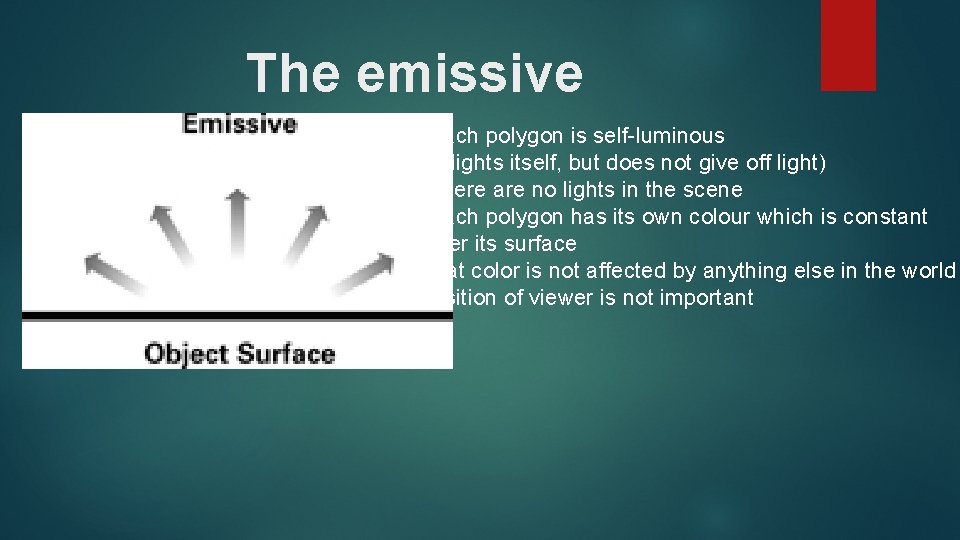 The emissive • Each polygon is self-luminous ligthing (it lights itself, but does not