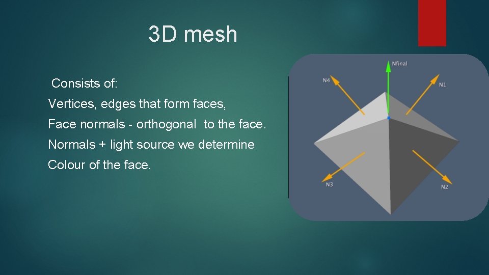 3 D mesh Consists of: Vertices, edges that form faces, Face normals - orthogonal