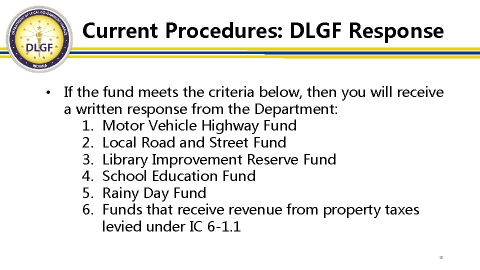 Current Procedures: DLGF Response • If the fund meets the criteria below, then you