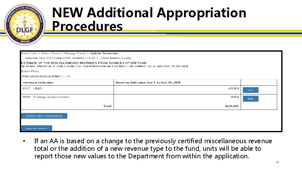 NEW Additional Appropriation Procedures • If an AA is based on a change to