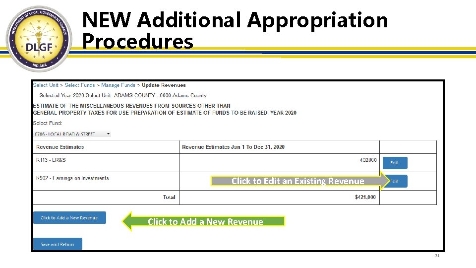 NEW Additional Appropriation Procedures Click to Edit an Existing Revenue Click to Add a