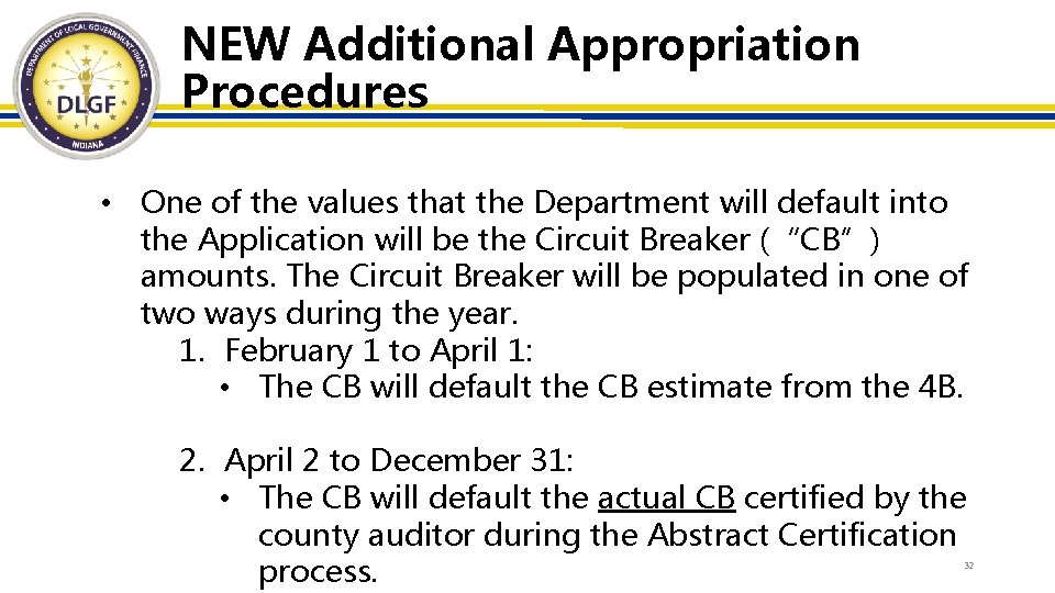 NEW Additional Appropriation Procedures • One of the values that the Department will default