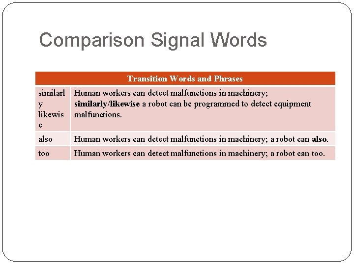 Comparison Signal Words Transition Words and Phrases similarl Human workers can detect malfunctions in Comparison Signal Words Transition Words and Phrases similarl Human workers can detect malfunctions in