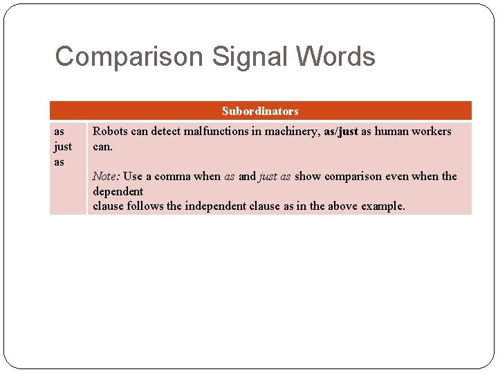 Comparison Signal Words Subordinators as just as Robots can detect malfunctions in machinery, as/just Comparison Signal Words Subordinators as just as Robots can detect malfunctions in machinery, as/just