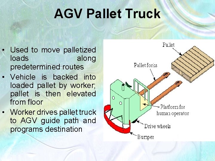 AGV Pallet Truck • Used to move palletized loads along predetermined routes • Vehicle