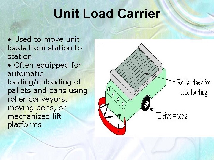 Unit Load Carrier • Used to move unit loads from station to station •