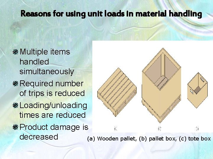 Reasons for using unit loads in material handling Multiple items handled simultaneously Required number