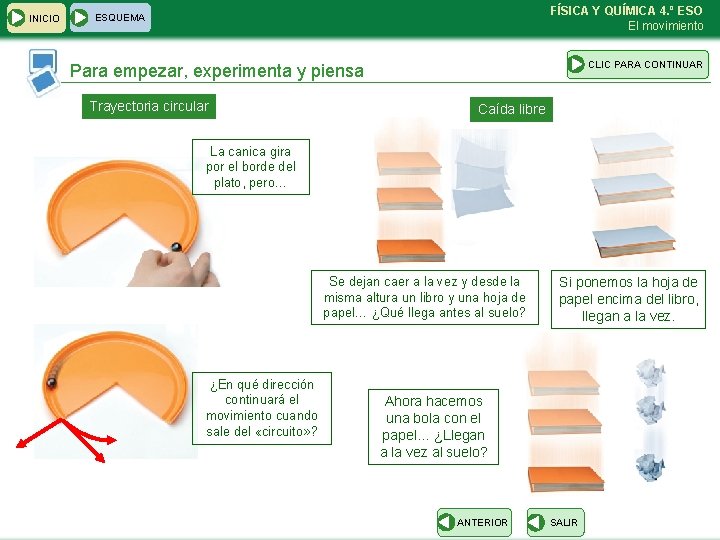 INICIO FÍSICA Y QUÍMICA 4. º ESO El movimiento ESQUEMA CLIC PARA CONTINUAR Para