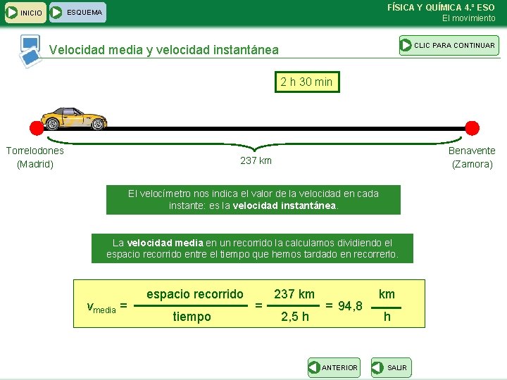 FÍSICA Y QUÍMICA 4. º ESO El movimiento ESQUEMA INICIO CLIC PARA CONTINUAR Velocidad