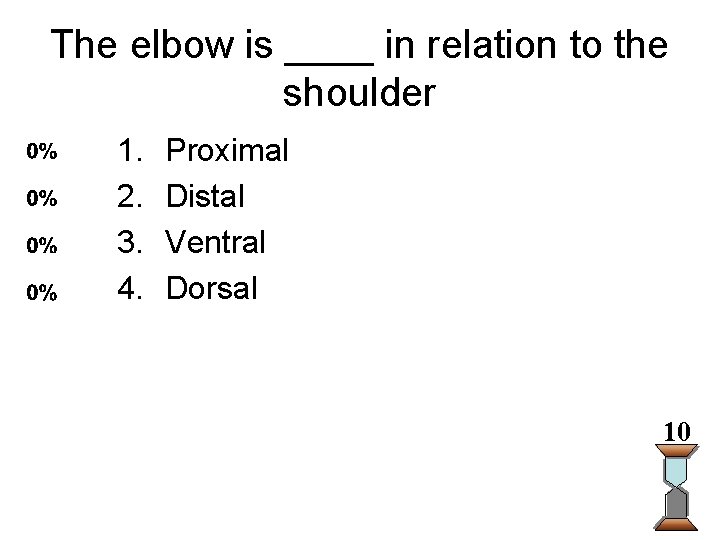 The elbow is ____ in relation to the shoulder 1. 2. 3. 4. Proximal