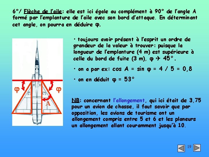 6°/ Flèche de l’aile: elle est ici égale au complément à 90° de l’angle