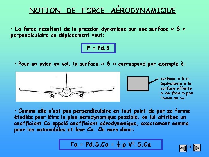 NOTION DE FORCE AÉRODYNAMIQUE • La force résultant de la pression dynamique sur une