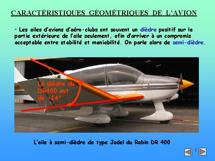 CARACTÉRISTIQUES GÉOMÉTRIQUES DE L’AVION • Les ailes d’avions d’aéro-clubs ont souvent un dièdre positif