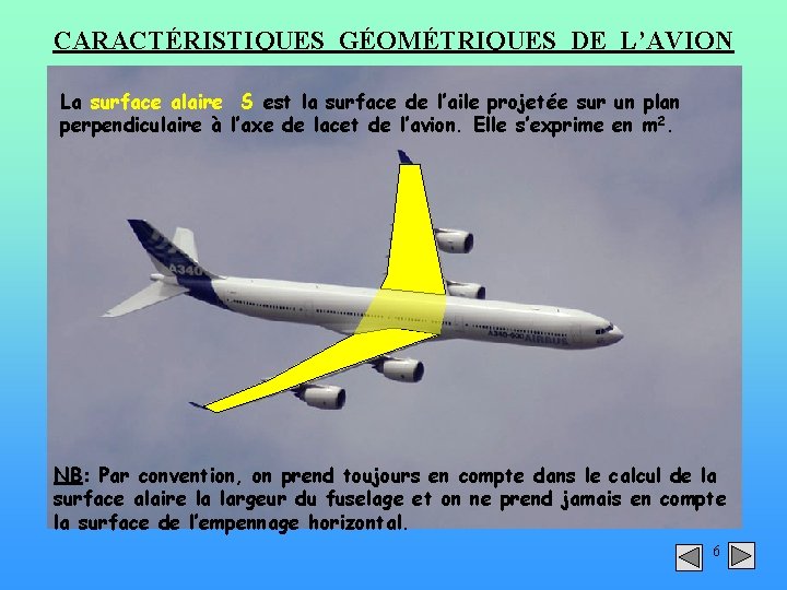 CARACTÉRISTIQUES GÉOMÉTRIQUES DE L’AVION La surface alaire S est la surface de l’aile projetée