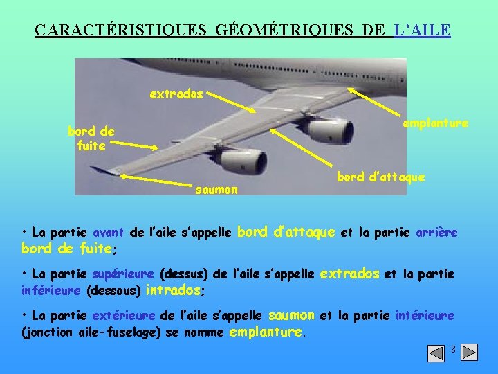 CARACTÉRISTIQUES GÉOMÉTRIQUES DE L’AILE extrados emplanture bord de fuite saumon bord d’attaque • La