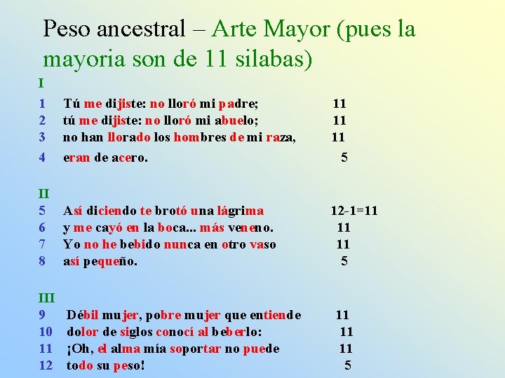 Peso ancestral – Arte Mayor (pues la mayoria son de 11 silabas) I 1