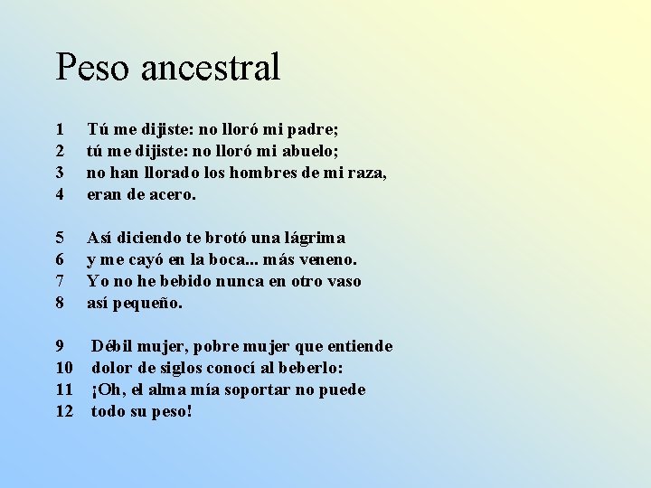 Peso ancestral 1 2 3 4 Tú me dijiste: no lloró mi padre; tú