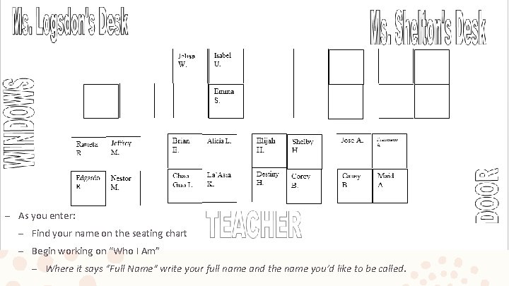 – As you enter: – Find your name on the seating chart – Begin – As you enter: – Find your name on the seating chart – Begin