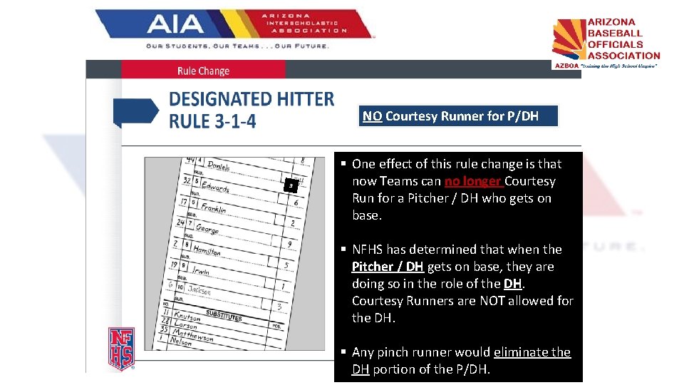 NO Courtesy Runner for P/DH 3 § One effect of this rule change is