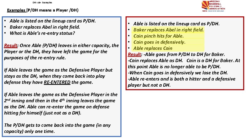 DH rule- Examples (P/DH means a Player /DH) • Able is listed on the