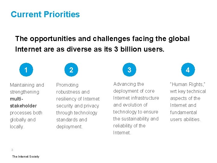 Current Priorities The opportunities and challenges facing the global Internet are as diverse as