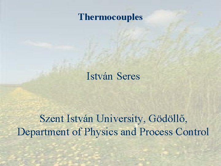 Thermocouples István Seres Szent István University, Gödöllő, Department of Physics and Process Control 