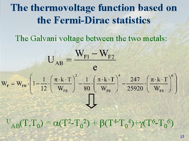The thermovoltage function based on the Fermi-Dirac statistics The Galvani voltage between the two