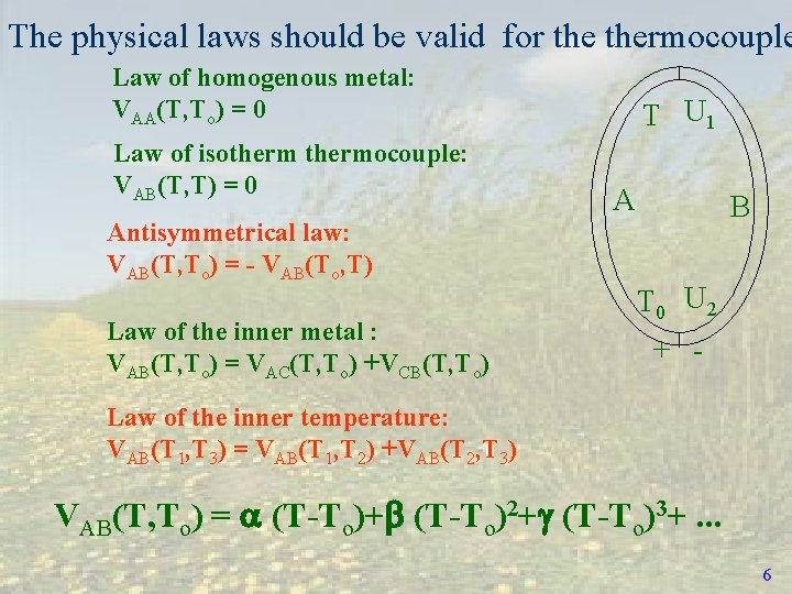 The physical laws should be valid for thermocouple Law of homogenous metal: VAA(T, To)