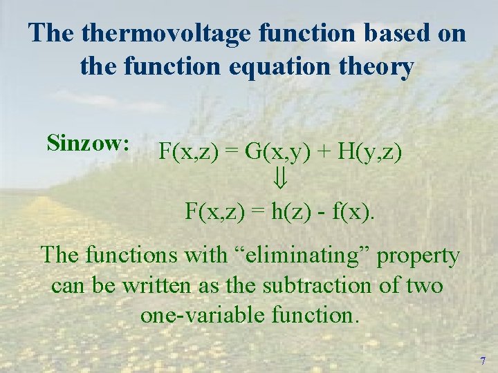 The thermovoltage function based on the function equation theory Sinzow: F(x, z) = G(x,