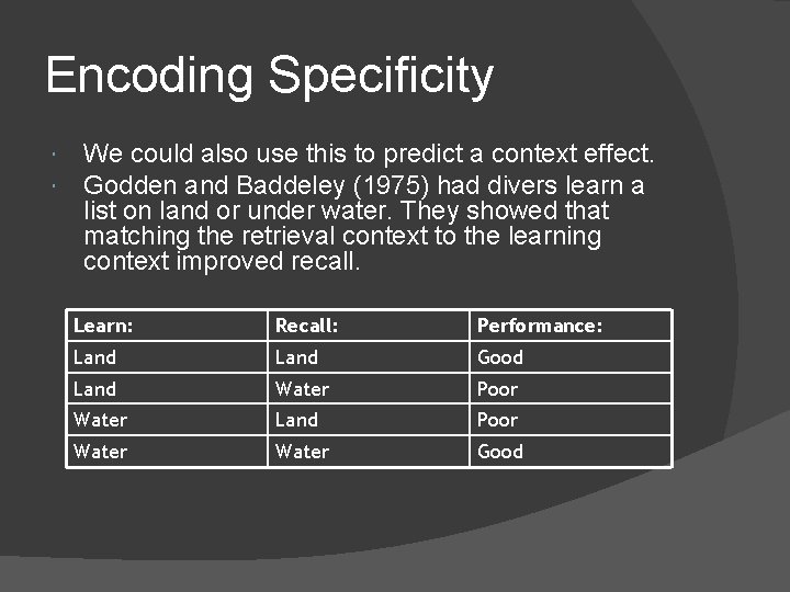 Encoding Specificity We could also use this to predict a context effect. Godden and Encoding Specificity We could also use this to predict a context effect. Godden and