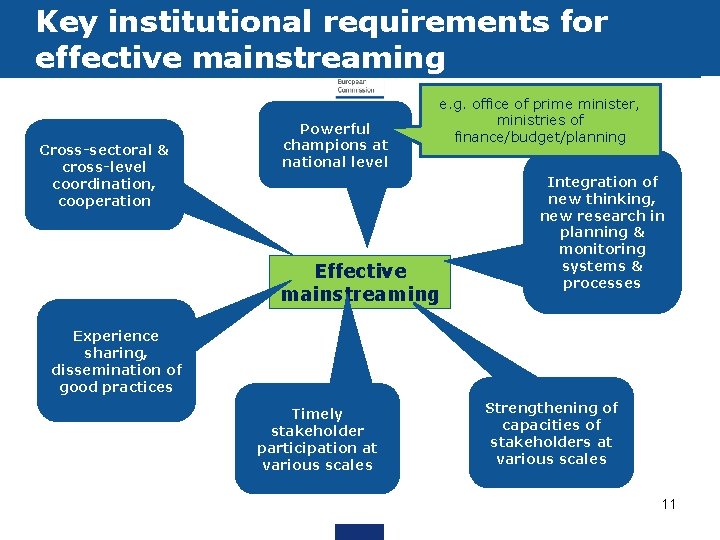 Key institutional requirements for effective mainstreaming Cross-sectoral & cross-level coordination, cooperation Powerful champions at