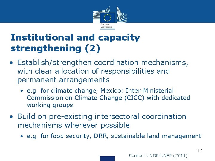 Institutional and capacity strengthening (2) • Establish/strengthen coordination mechanisms, with clear allocation of responsibilities