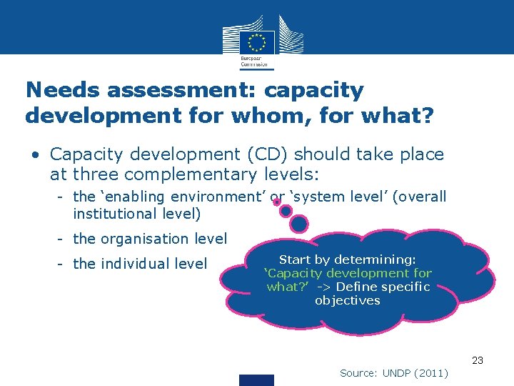Needs assessment: capacity development for whom, for what? • Capacity development (CD) should take