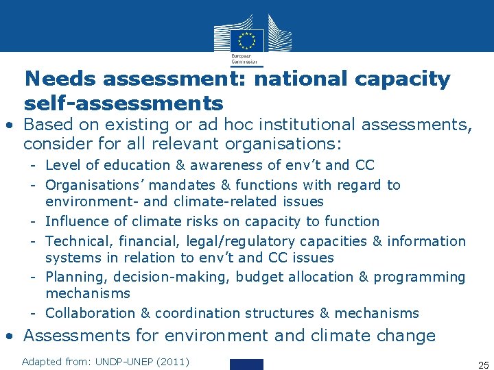 Needs assessment: national capacity self-assessments • Based on existing or ad hoc institutional assessments,