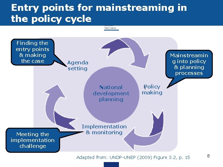 Entry points for mainstreaming in the policy cycle Finding the entry points & making