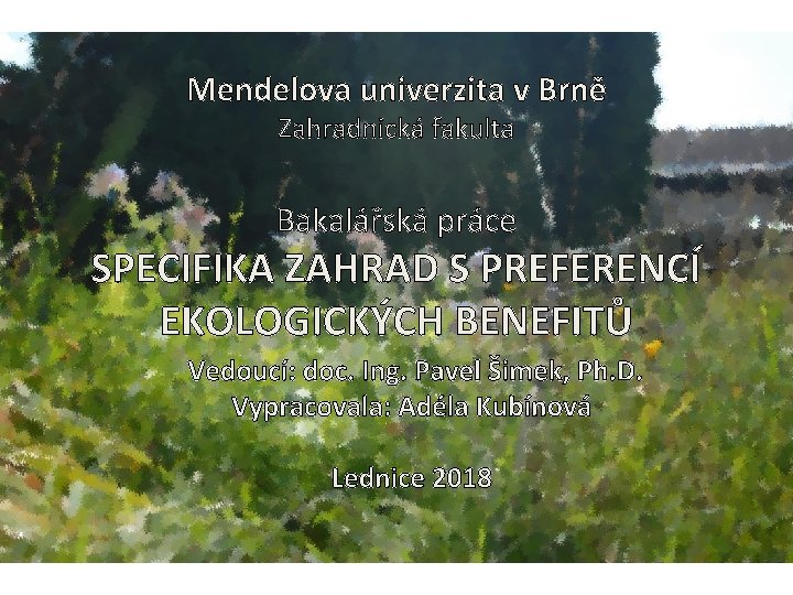 Mendelova univerzita v Brně Zahradnická fakulta Bakalářská práce SPECIFIKA ZAHRAD S PREFERENCÍ EKOLOGICKÝCH BENEFITŮ