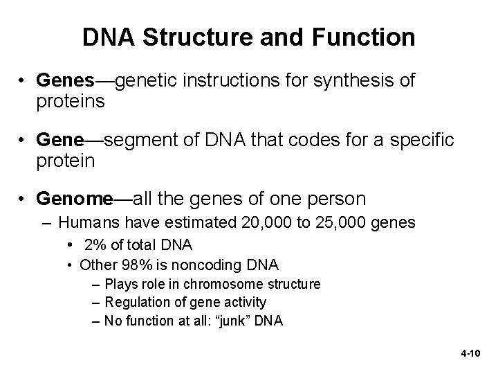 DNA Structure and Function • Genes—genetic instructions for synthesis of proteins • Gene—segment of