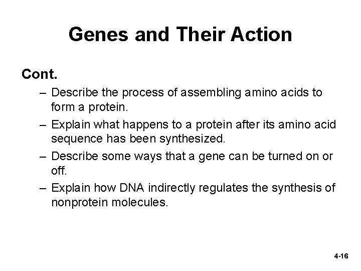 Genes and Their Action Cont. – Describe the process of assembling amino acids to